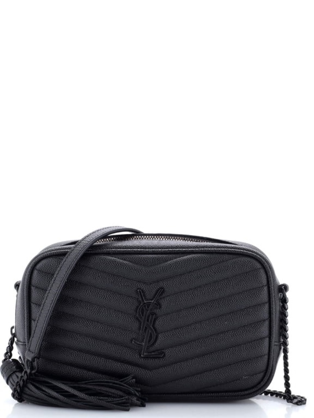 Yves Saint Laurent Black Quilted Leather Mini Chevron Camera Bag with Tassel